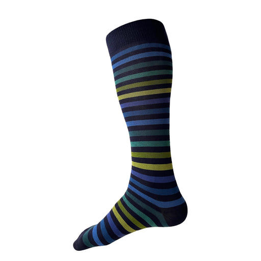 Made in USA men's navy cotton over-the-calf/knee colorful and fun striped socks in blues and greens