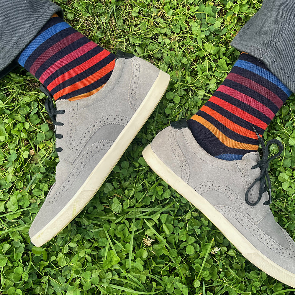 Made in USA men's navy cotton colorful striped socks with reds, oranges, and yellows by THIS NIGHT