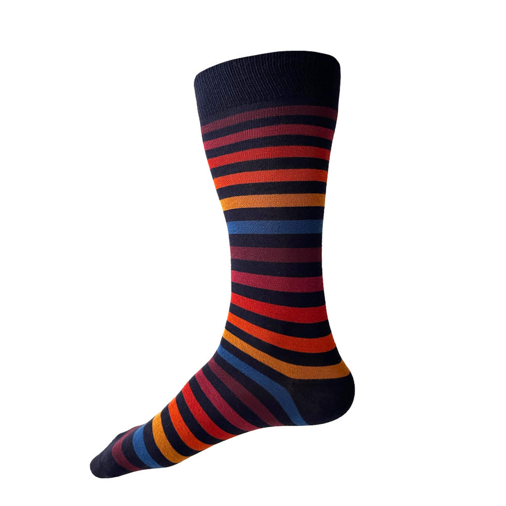  Made in USA men's navy cotton colorful striped socks with reds, oranges, and yellows by THIS NIGHT