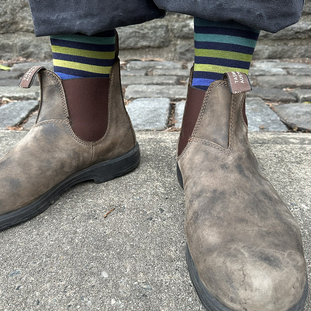 Made in USA men's navy XL striped cotton dress socks in blues and greens that fit men's shoe sizes 14 to 18