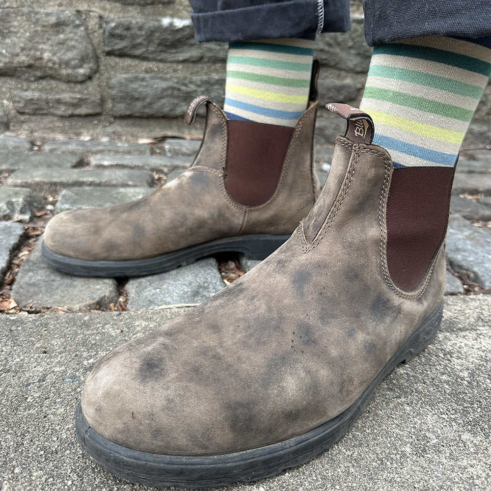 Made in USA men's XL (Big and Tall for sizes 14–18) tan and blue and green and aqua (colors of the sand and sea) striped socks by THIS NIGHT