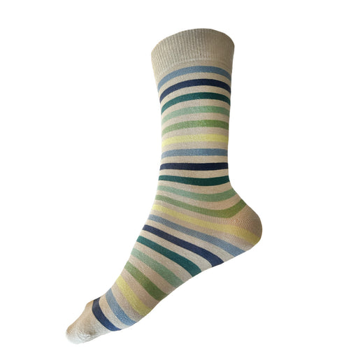 Made in USA men's XL (Big and Tall for sizes 14–18) tan and blue and green and aqua (colors of the sand and sea) striped socks by THIS NIGHT