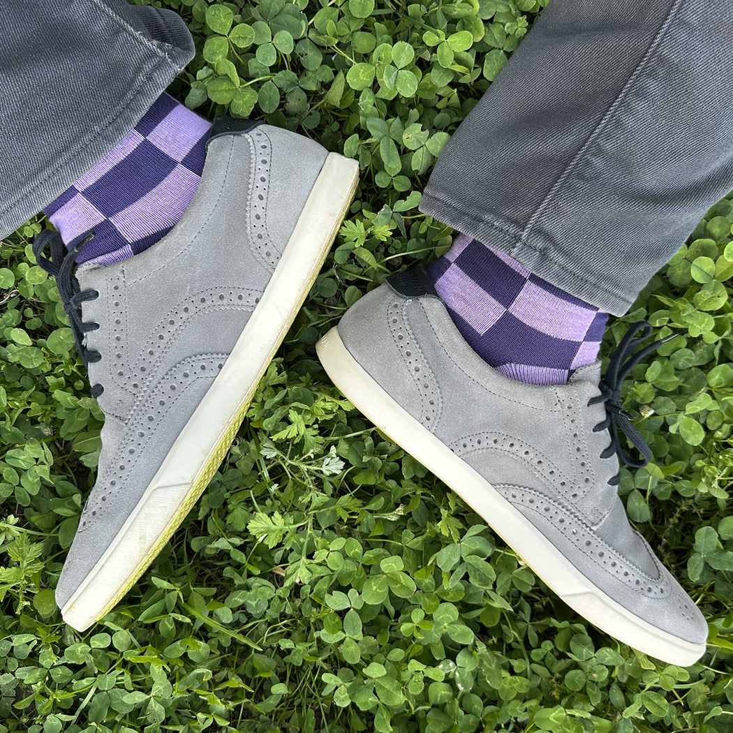 Made in USA men's geometric checkered cotton socks in dark purple and light purple