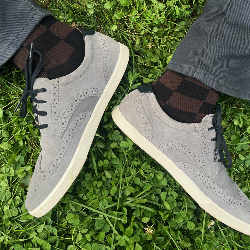 Made in USA men's black and brown checkered cotton geometric socks by THIS NIGHT