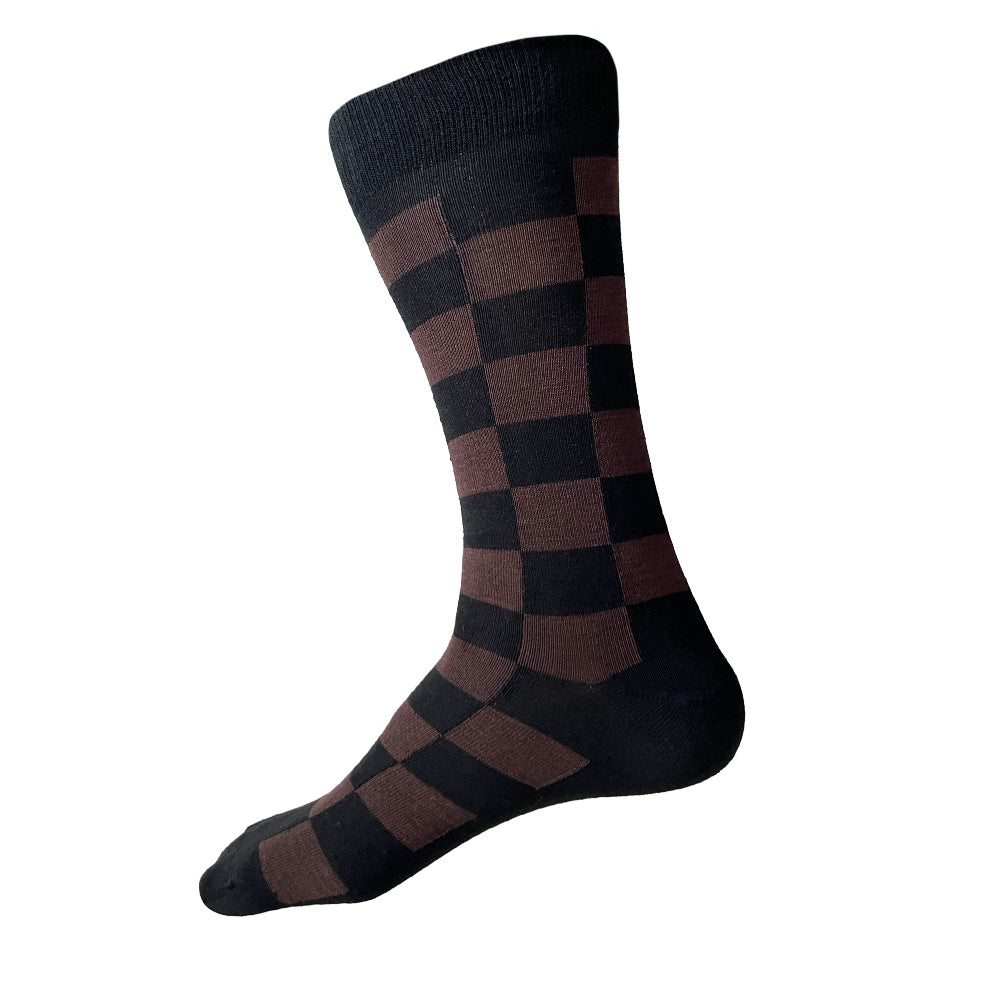 Made in USA men's black and brown checkered cotton geometric socks by THIS NIGHT