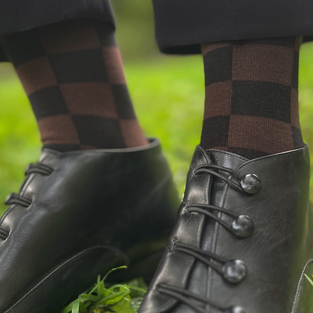 Made in USA women's black and dark brown cotton checkered socks by THIS NIGHT