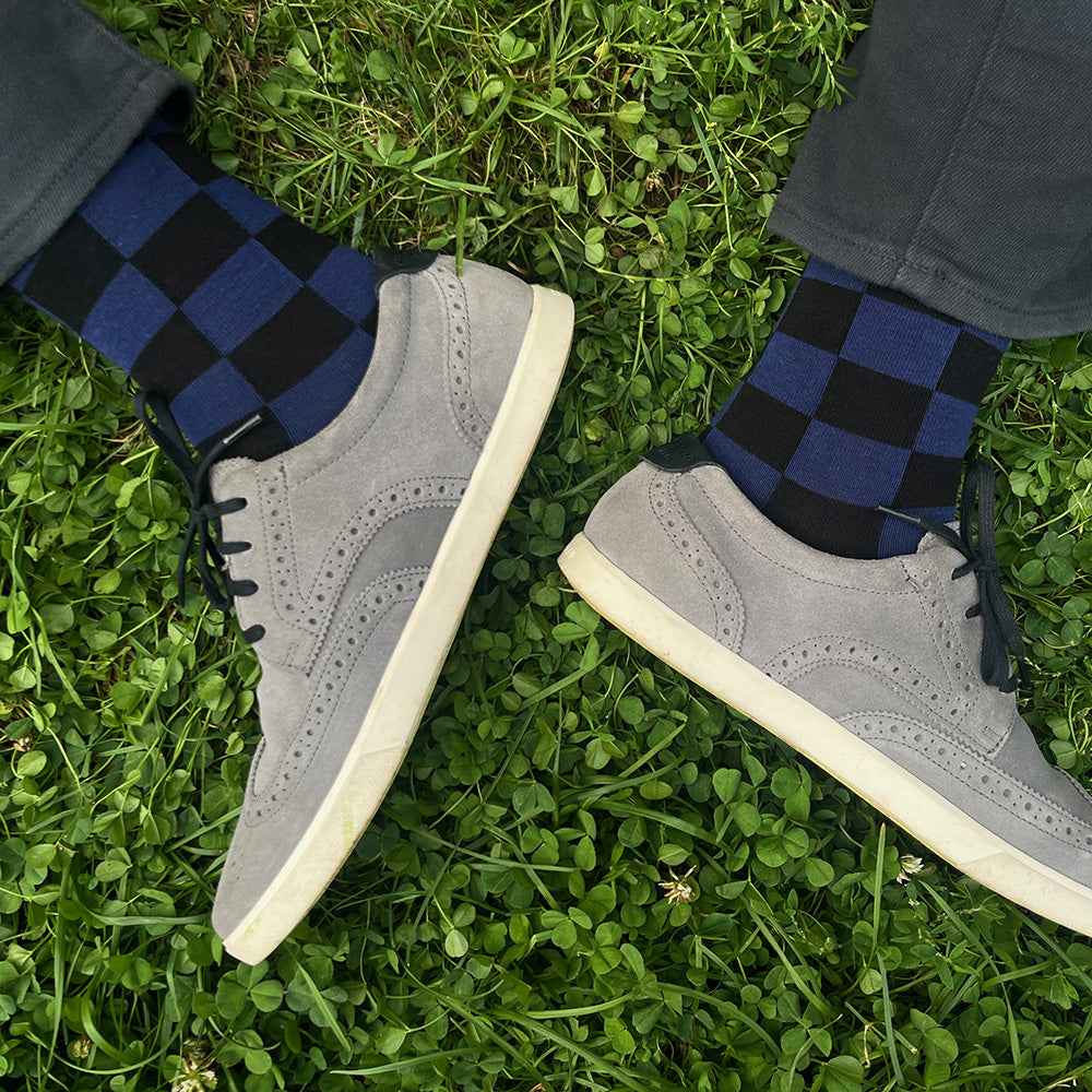 MADE IN USA black and dark blue checkered men's cotton geometric socks by THIS NIGHT