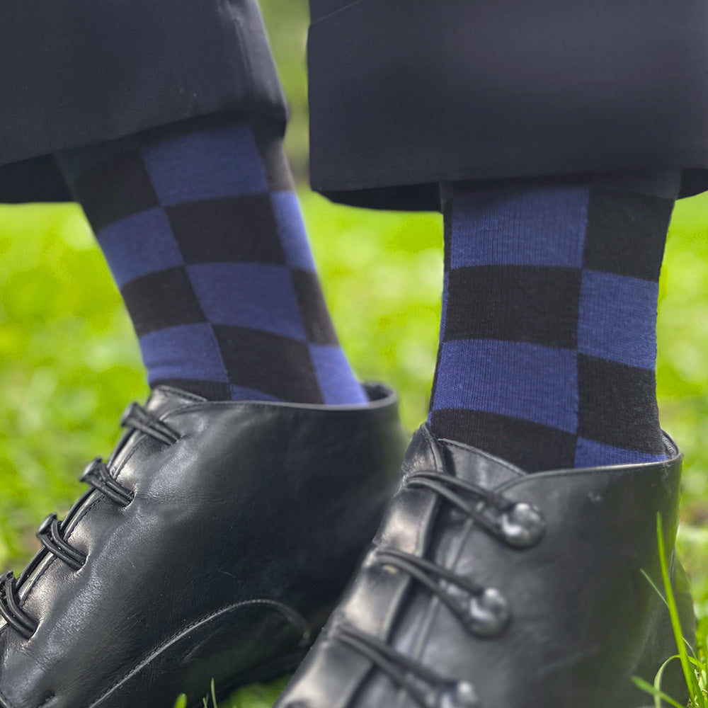 Made in USA women's black and dark blue checkered geometric socks by THIS NIGHT
