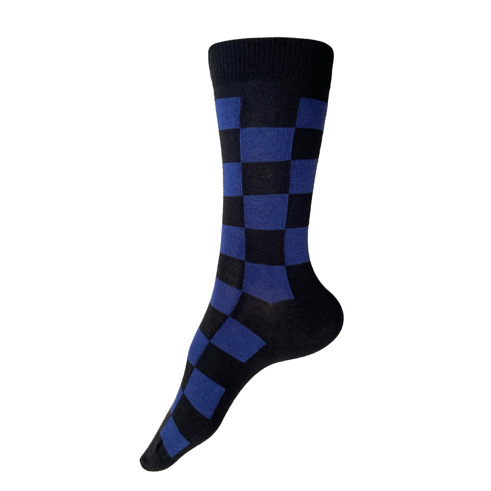 Made in USA women's black and dark blue checkered geometric socks by THIS NIGHT