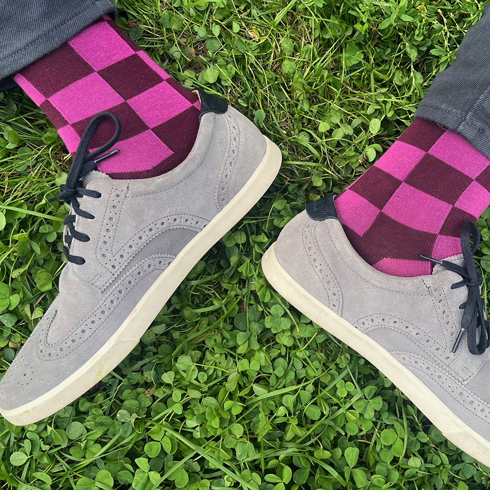  Made in USA men's colorful burgundy and pink/purple cotton geometric checkered socks by THIS NIGHT