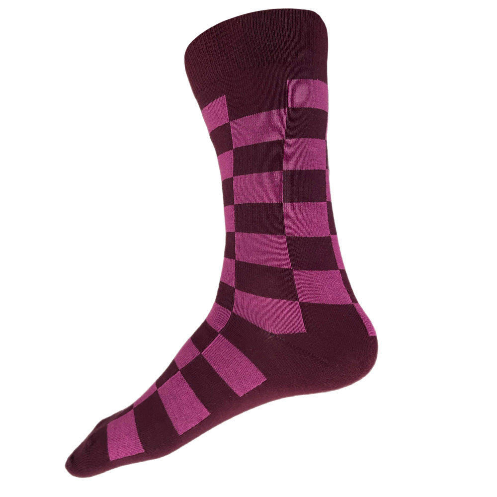 Made in USA men's colorful burgundy and pink/purple cotton geometric checkered socks by THIS NIGHT