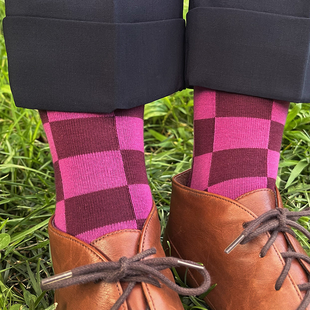 Made in USA women's burgundy and pink checkered geometric socks by THIS NIGHT