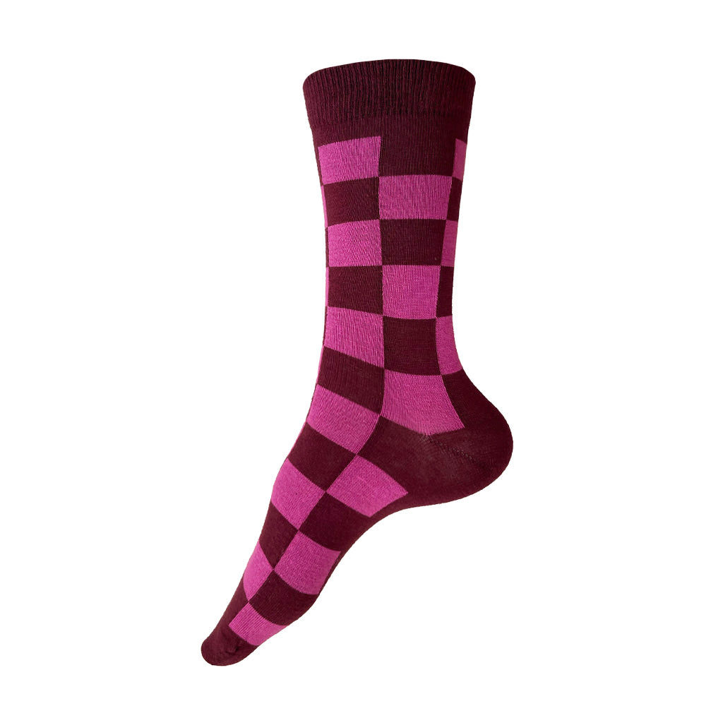 Made in USA women's burgundy and pink checkered geometric socks by THIS NIGHT