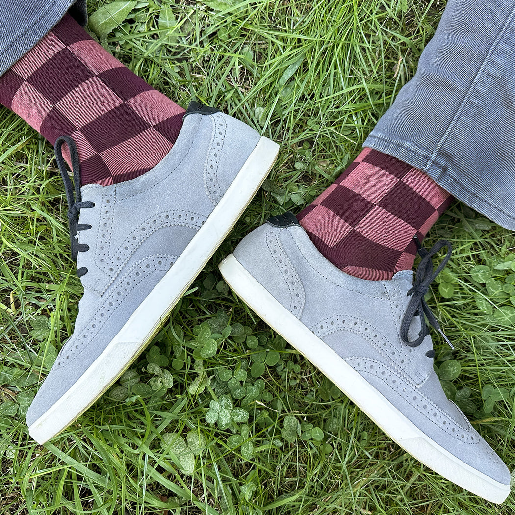 Made in USA men's checkered cotton socks in burgundy and rose