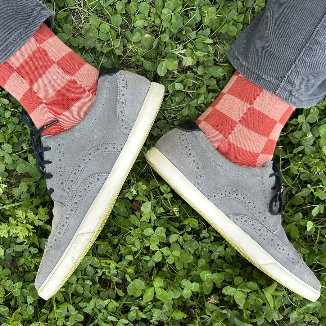 Made in USA men's coral and salmon cotton checkered geometric socks
