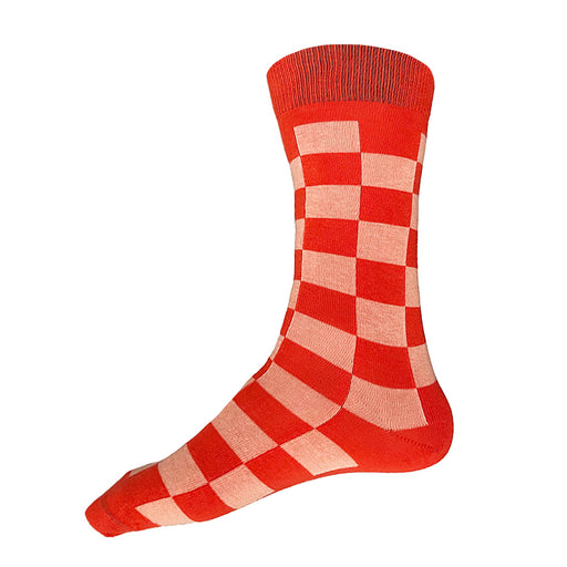 Made in USA men's cotton geometric socks in bright orange-red and salmon checks by THIS NIGHT