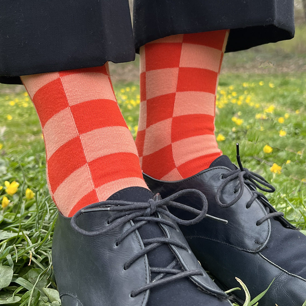 Made in USA women's geometric cotton checkered socks in bright orange and salmon by THIS NIGHT