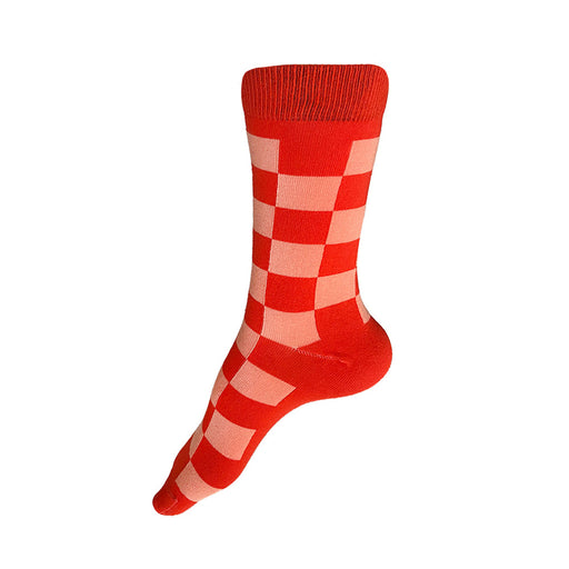 Made in USA women's geometric cotton checkered socks in bright orange and salmon by THIS NIGHT