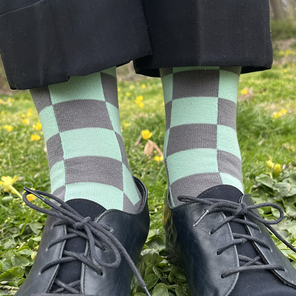 Made in USA women's grey and aqua checkered cotton socks by THIS NIGHT