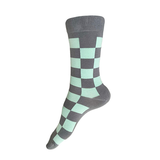 Made in USA women's grey and aqua checkered cotton socks by THIS NIGHT
