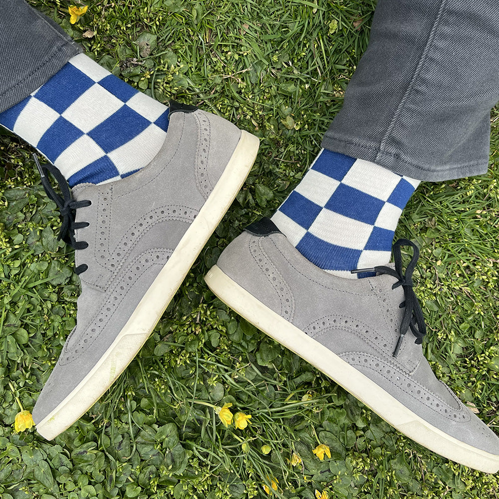 Made in USA men's geometric cotton socks in a blue and white checkered pattern