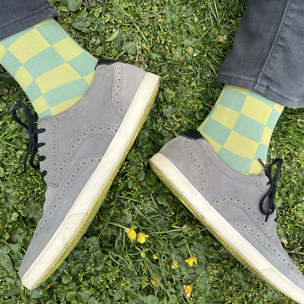 Made in USA men's pastel geometric cotton socks in light green and yellow-green check pattern by THIS NIGHT