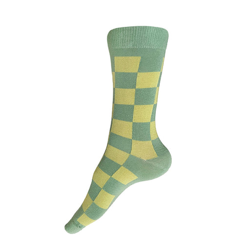 Made in USA pastel women's cotton geometric socks with pale aqua and lime checkered pattern by THIS NIGHT