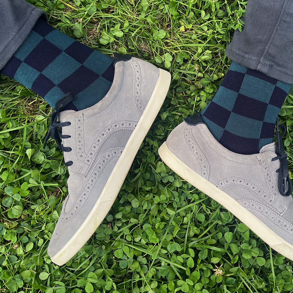 MADE IN USA navy and teal checkered men's cotton geometric socks by THIS NIGHT