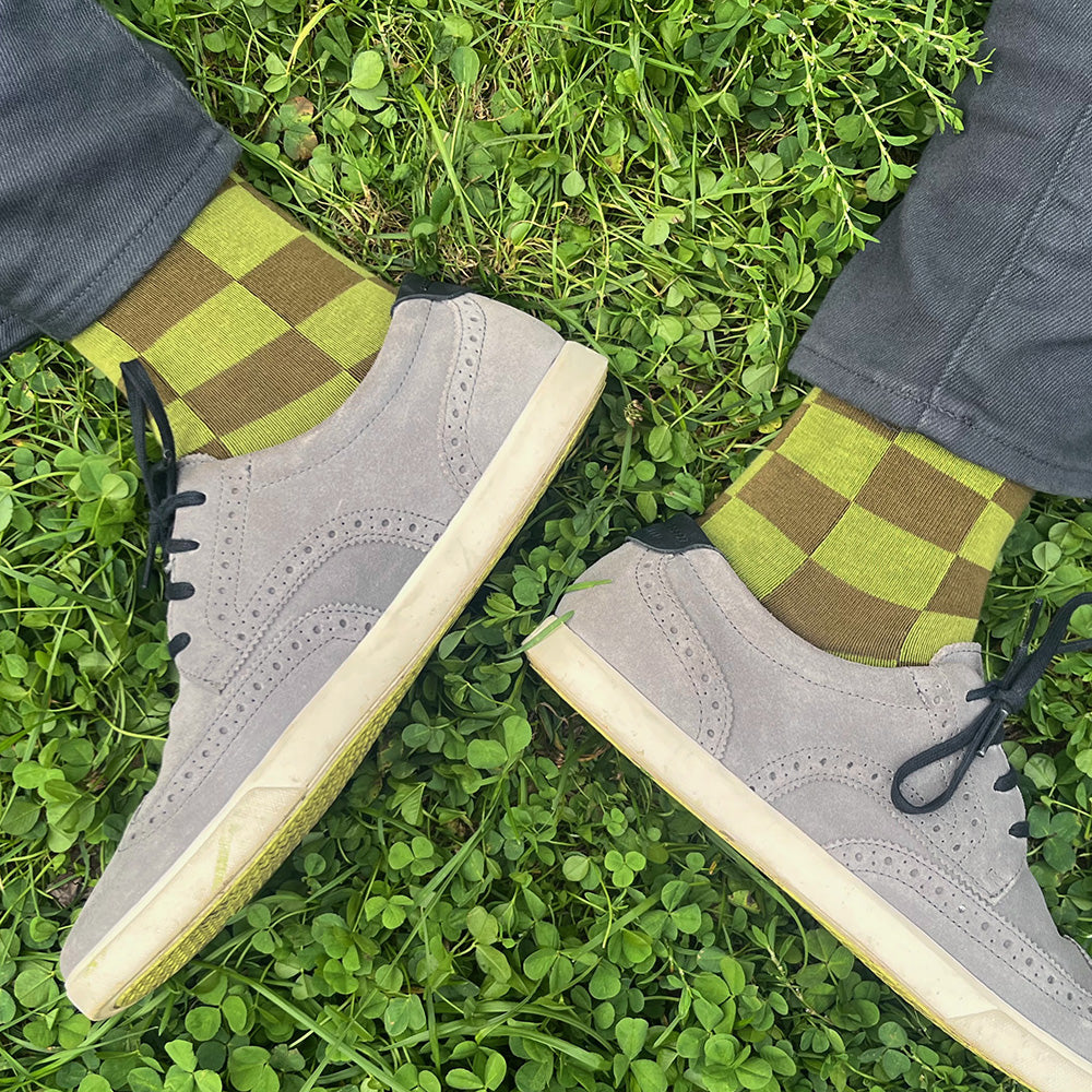 MADE IN USA olive and lime green checkered men's cotton geometric socks by THIS NIGHT