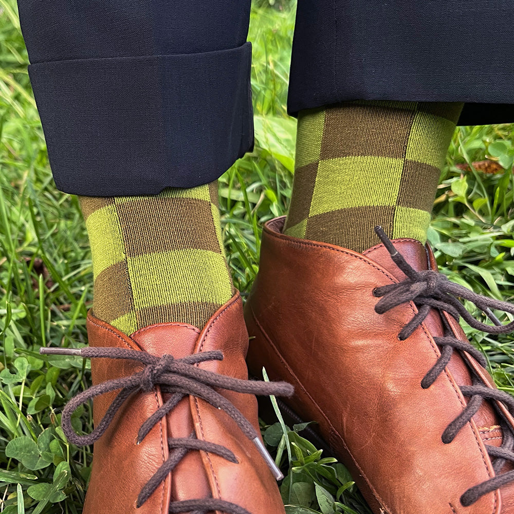 Made in USA women's cotton checkered socks in olive and lime green by THIS NIGHT