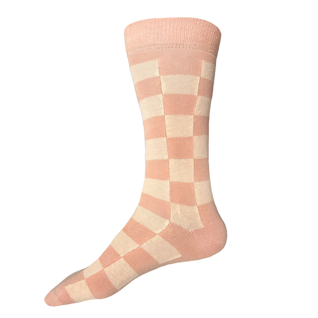 Made in USA men's pastel geometric checkered socks in peach and pale peach