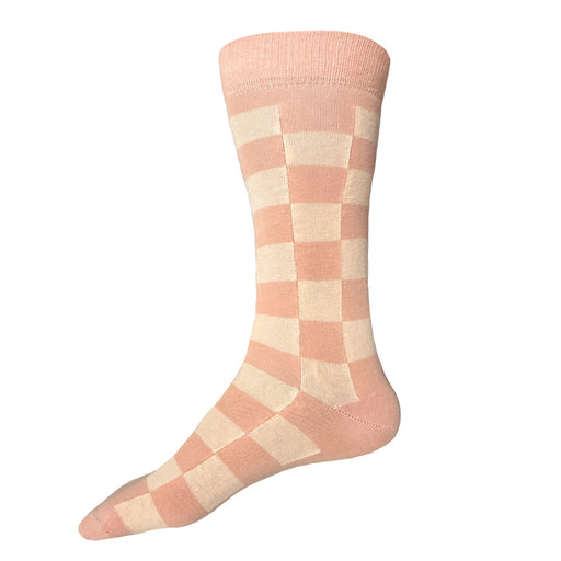 Made in USA men's pastel geometric checkered socks in peach and pale peach