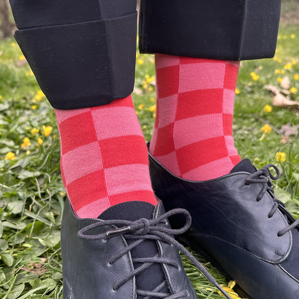 Made in USA women's geometric pink and hot pink checkered cotton socks by THIS NIGHT