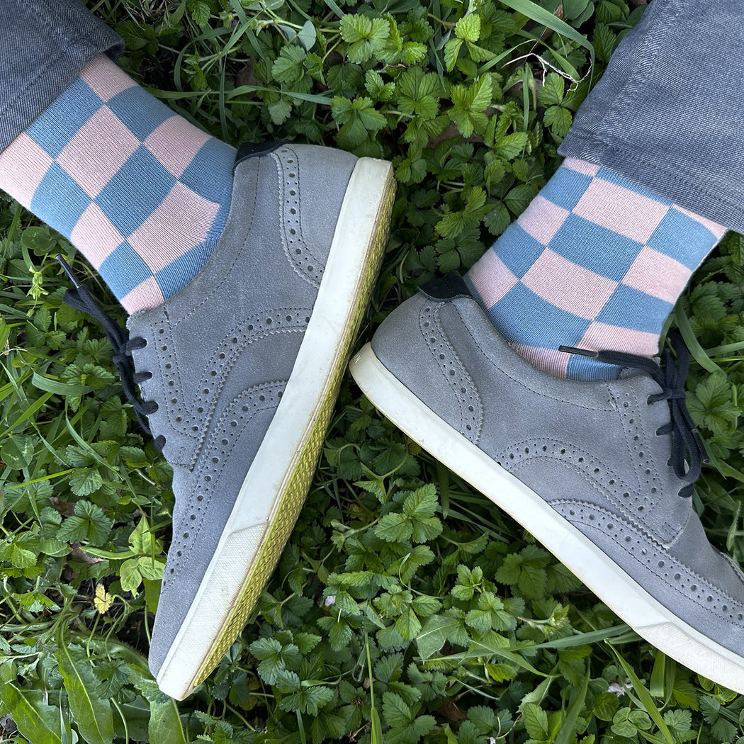 Made in USA men's cotton pastel checkered socks in pale blue and pink
