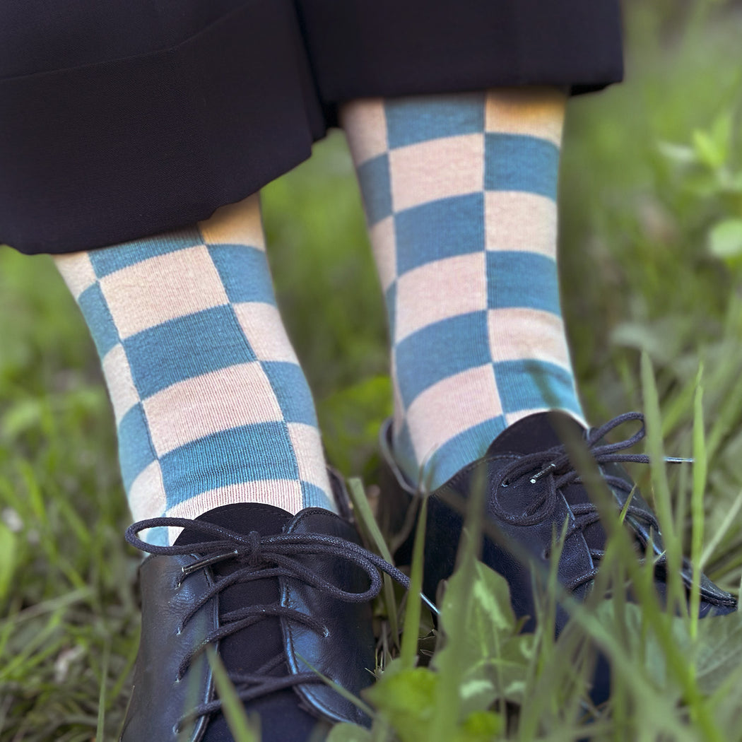 Made in USA women's cotton pastel checkered socks with pale blue and pale pink