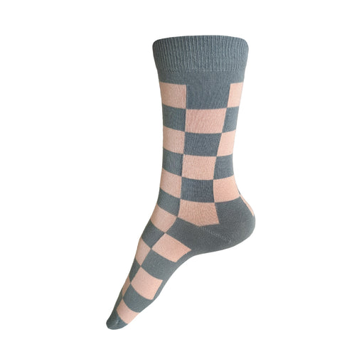 Made in USA women's cotton pastel checkered socks with pale blue and pale pink