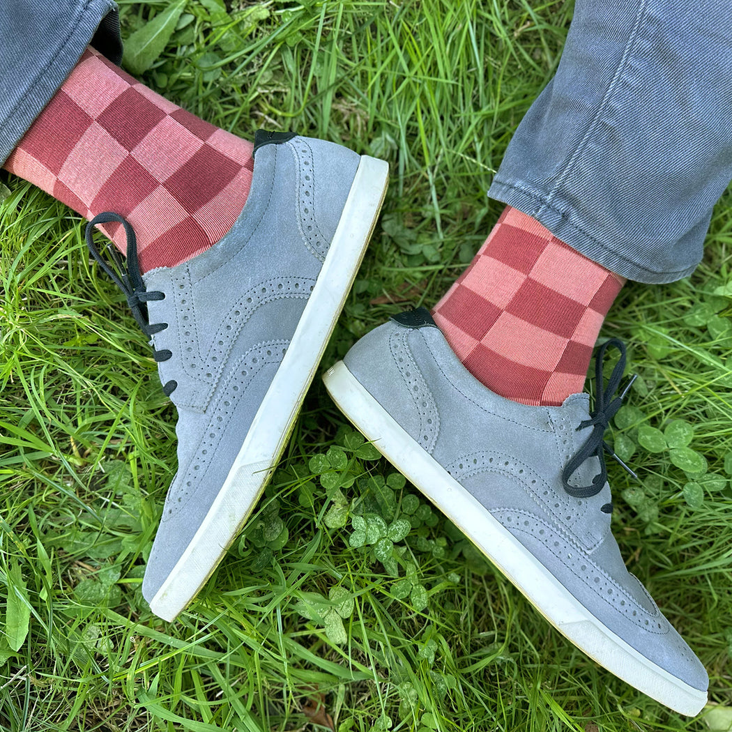 Made in USA men's geometric checkered cotton socks in rose and dusty pink/terracotta