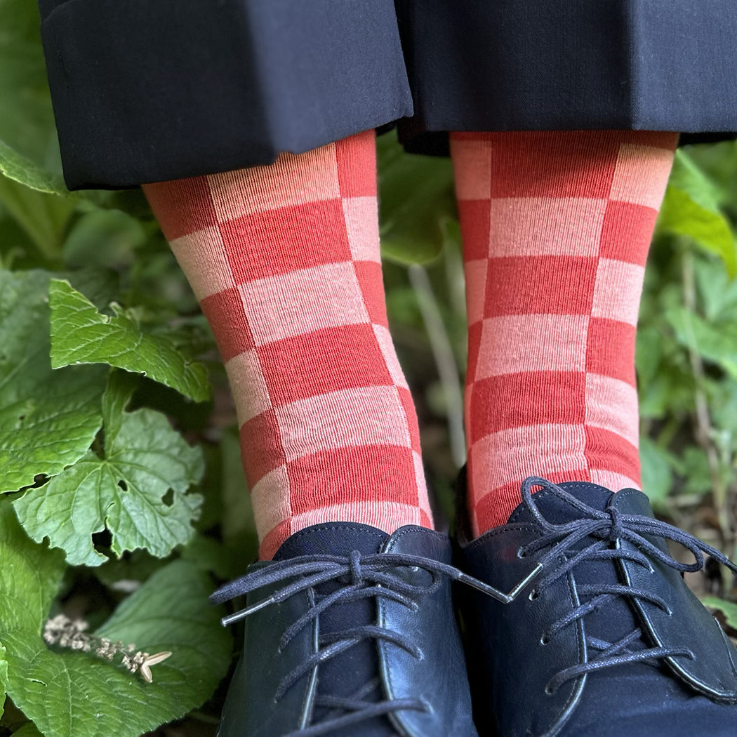 Made in USA women's cotton geometric checkered cotton socks in coral and salmon