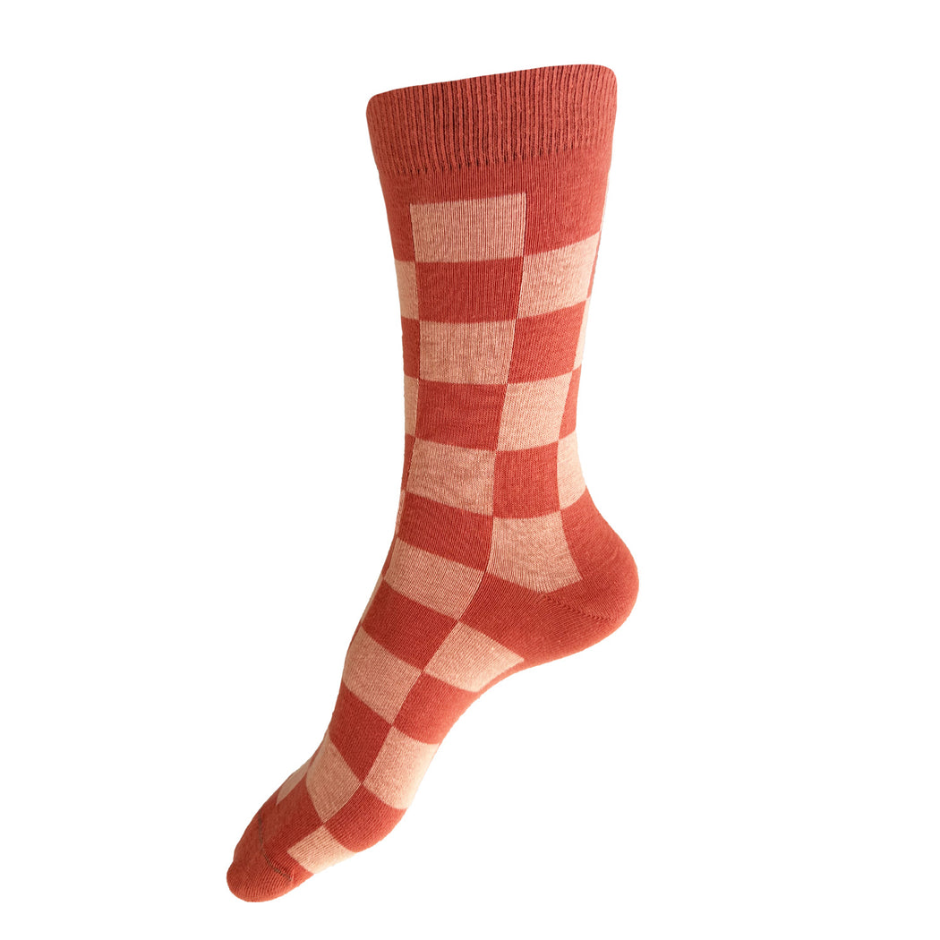 Made in USA women's cotton geometric checkered cotton socks in coral and salmon