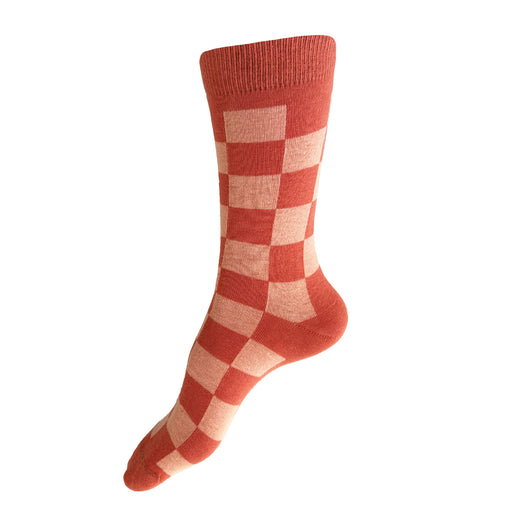 Made in USA women's cotton geometric checkered cotton socks in coral and salmon
