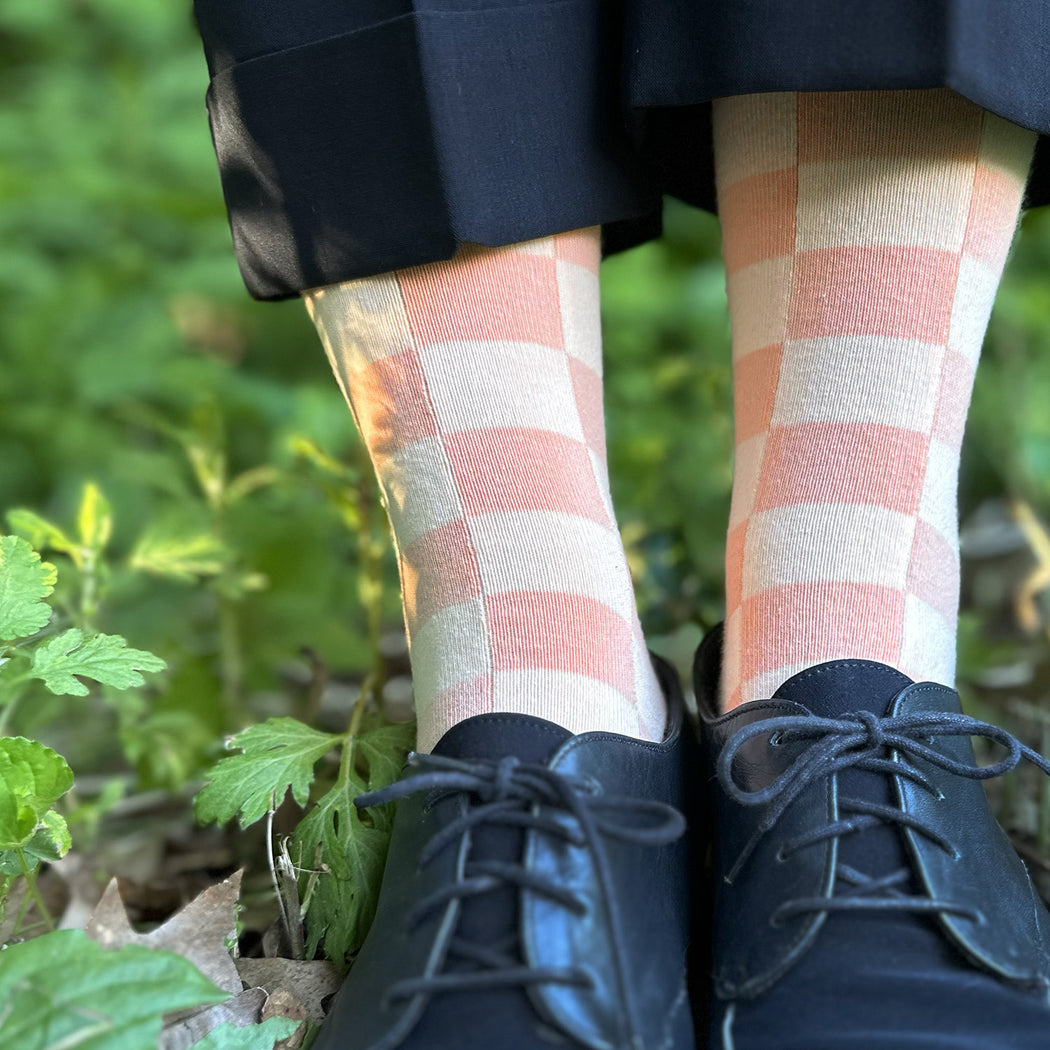 Made in USA peach checkered pastel geometric women's cotton socks