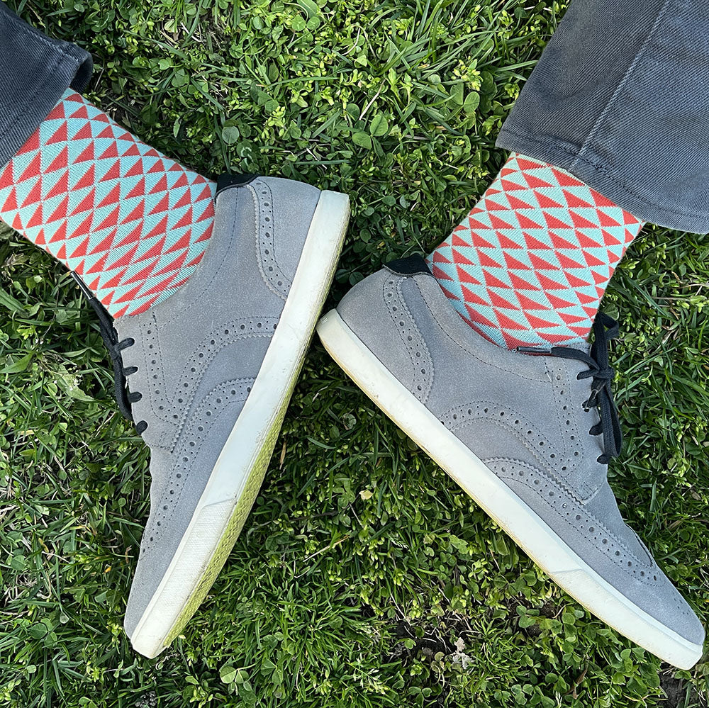 Made in USA men's cotton geometric socks in coral orange and pale aqua