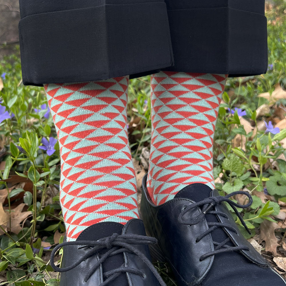Made in USA women's geometric cotton socks in traditional Japanese pattern in coral and aqua