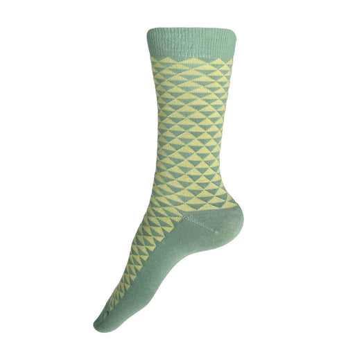 Made in USA women's geometric cotton socks in pale blue-green and yellow-green in traditional Japanese pattern, uroko