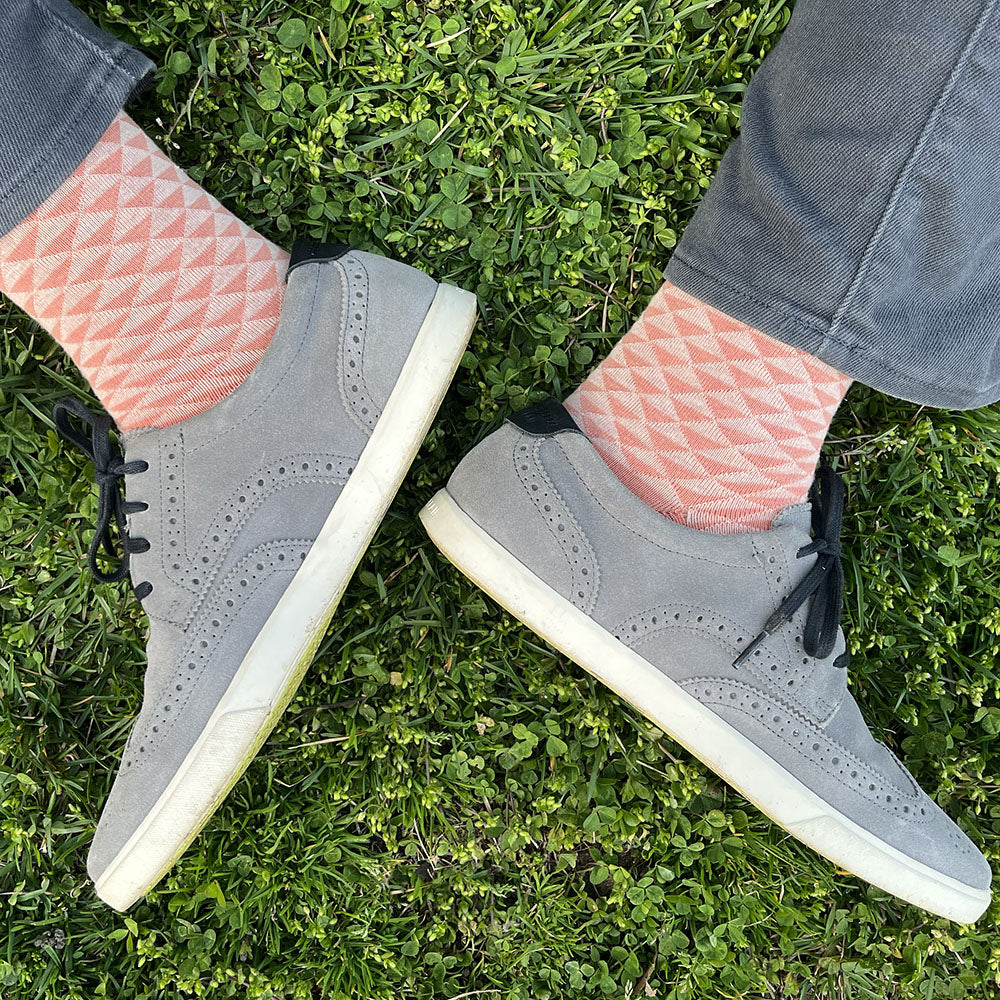 Made in USA men's cotton socks in a traditional Japanese pattern in salmon and pale peach