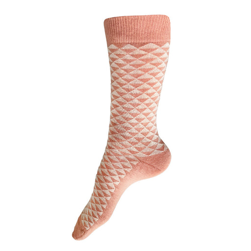 Made in USA women's geometric cotton socks in pastel salmon and peach in a traditional Japanese pattern