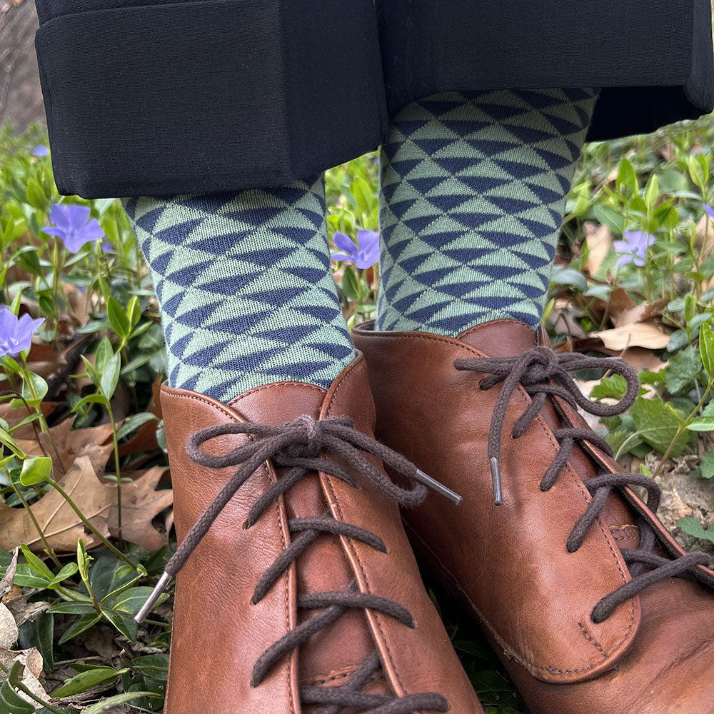 Made in USA women's cotton geometric socks in slate blue and pale sea green in a traditional Japanese pattern