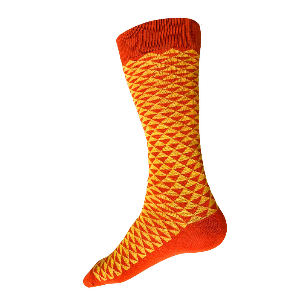 Made in USA men's colorful geometric socks in bright orange and yellow in traditional Japanese pattern, uroko