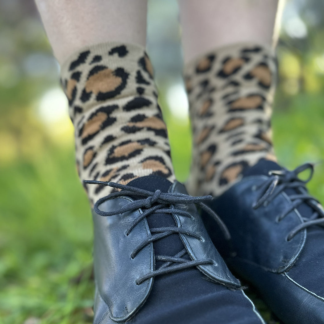 Made in USA women's cotton tan/beige leopard print ankle-length socks