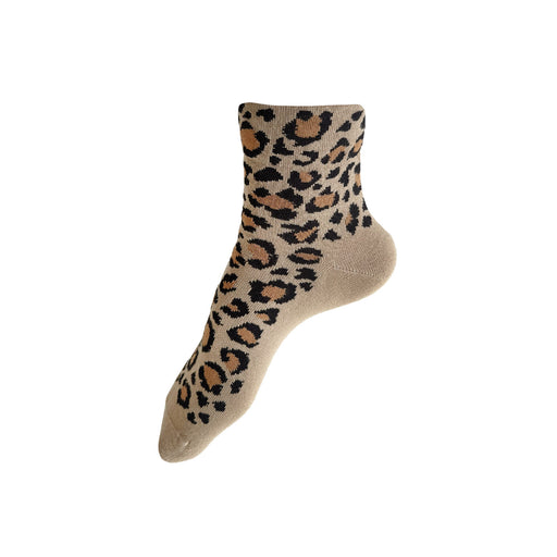 Made in USA women's cotton tan/beige leopard print ankle-length socks.